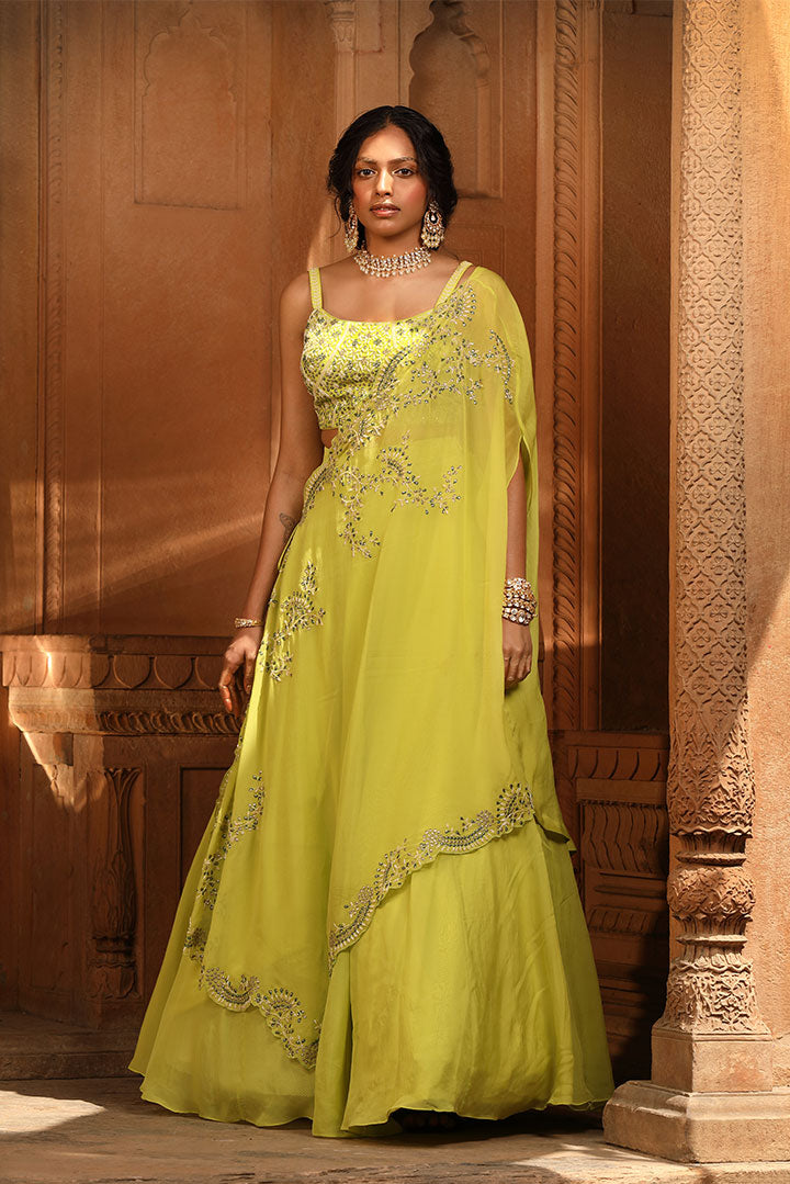 Lime Green Embroidered Lehenga Cape Set
