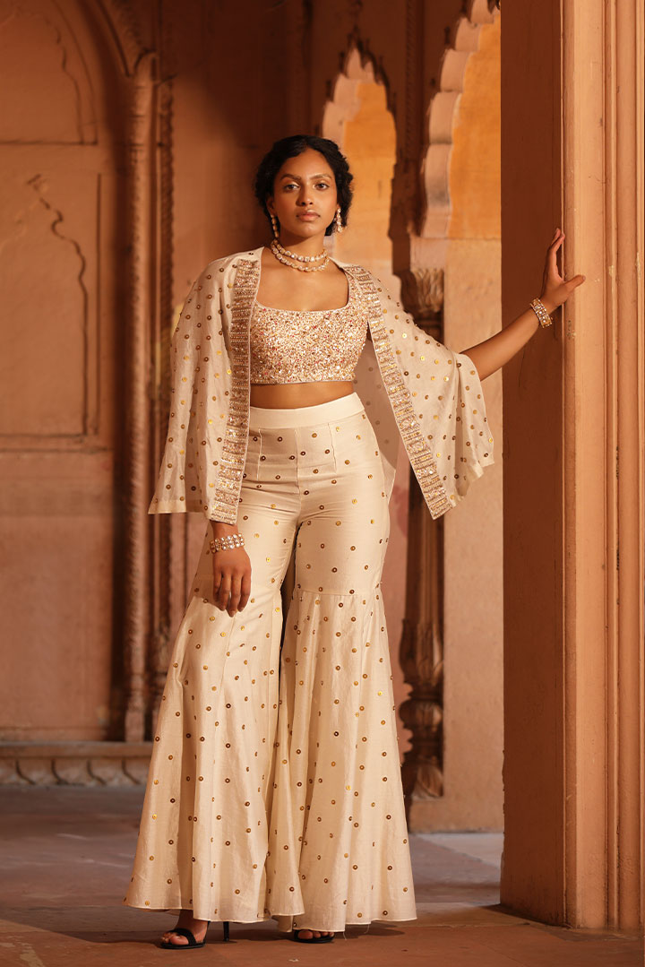 Ivory Gharara Cape Jacket Set
