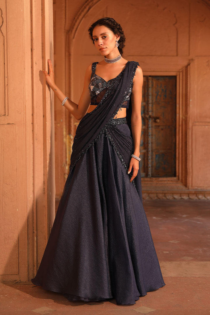 Midnight Blue Draped Saree Gown