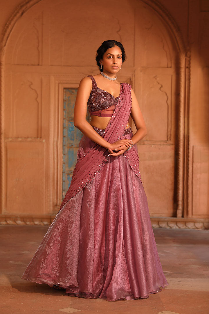 Wine Pre Draped Lehenga Set