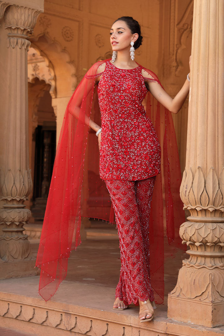 Deep Red Embroidered Kurta Bell Bottom Set