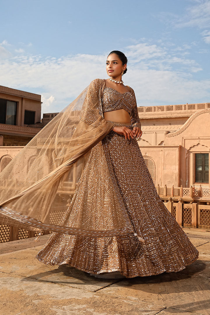 Copper Gold Sequin Pearl Embellished Lehenga Set