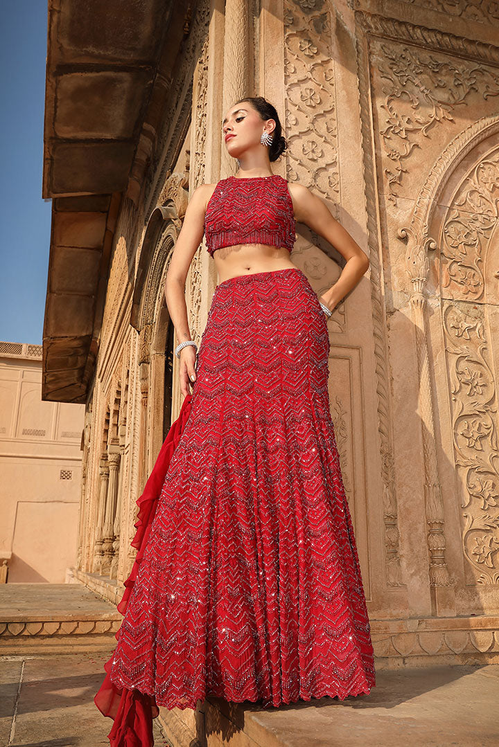 Deep Red Embroidered Lehenga Set