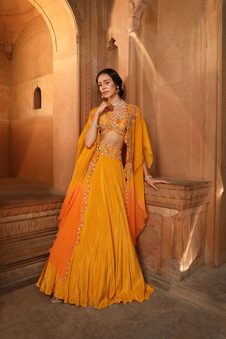 Mango Orange Ombre Embroidered Lehenga Cape Set