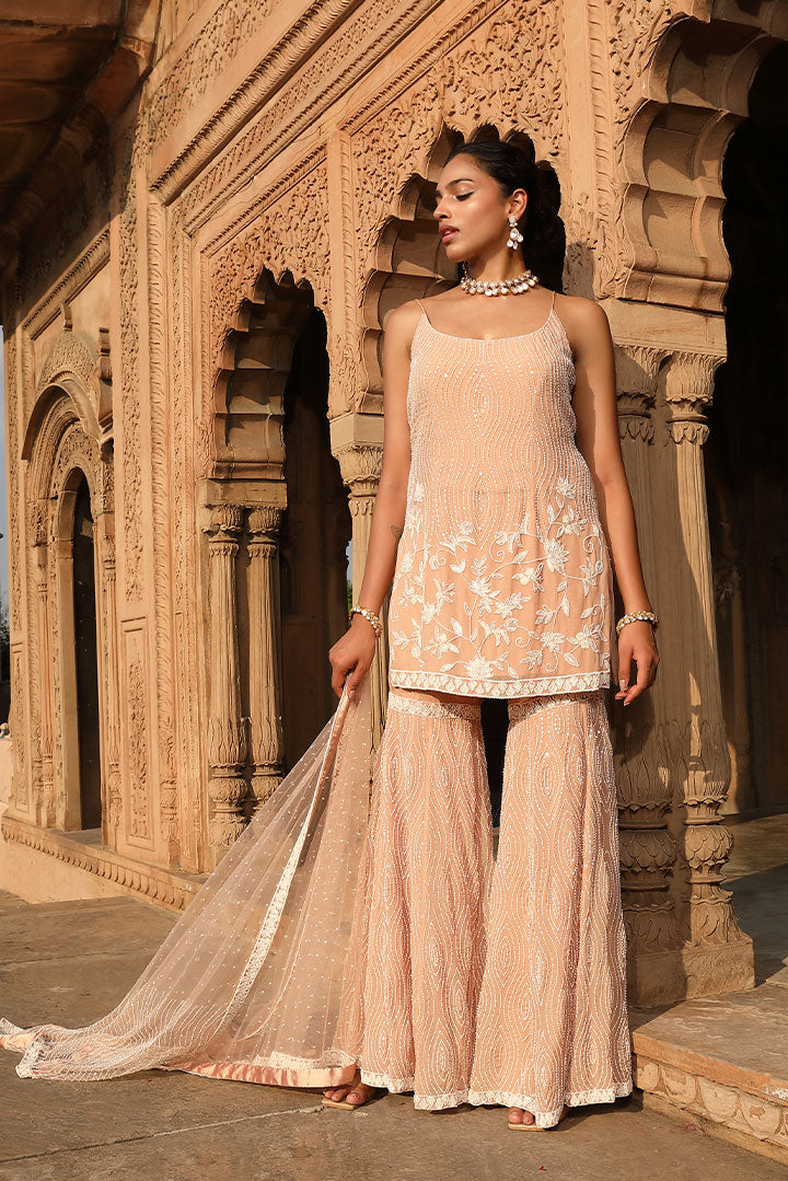 Soft Peach Embroidered Gharara Set