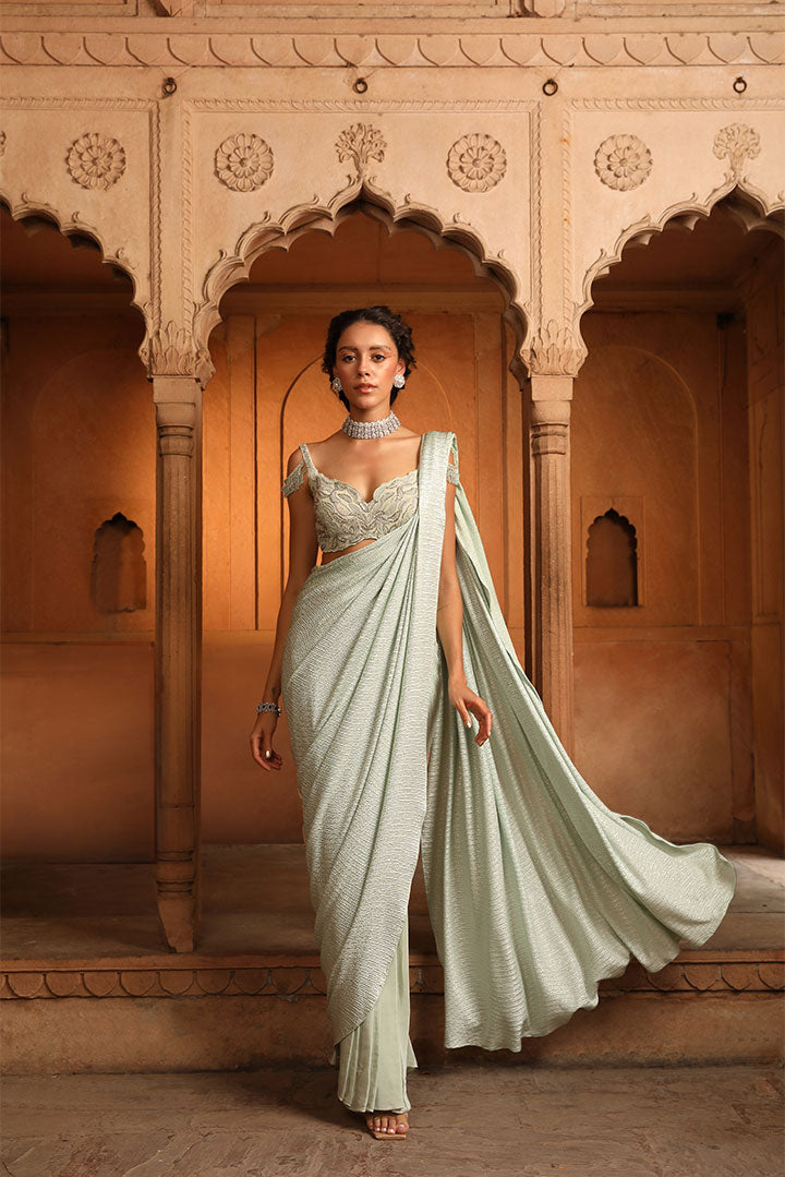 Sage Green Foiled Embroidered Pre draped Saree