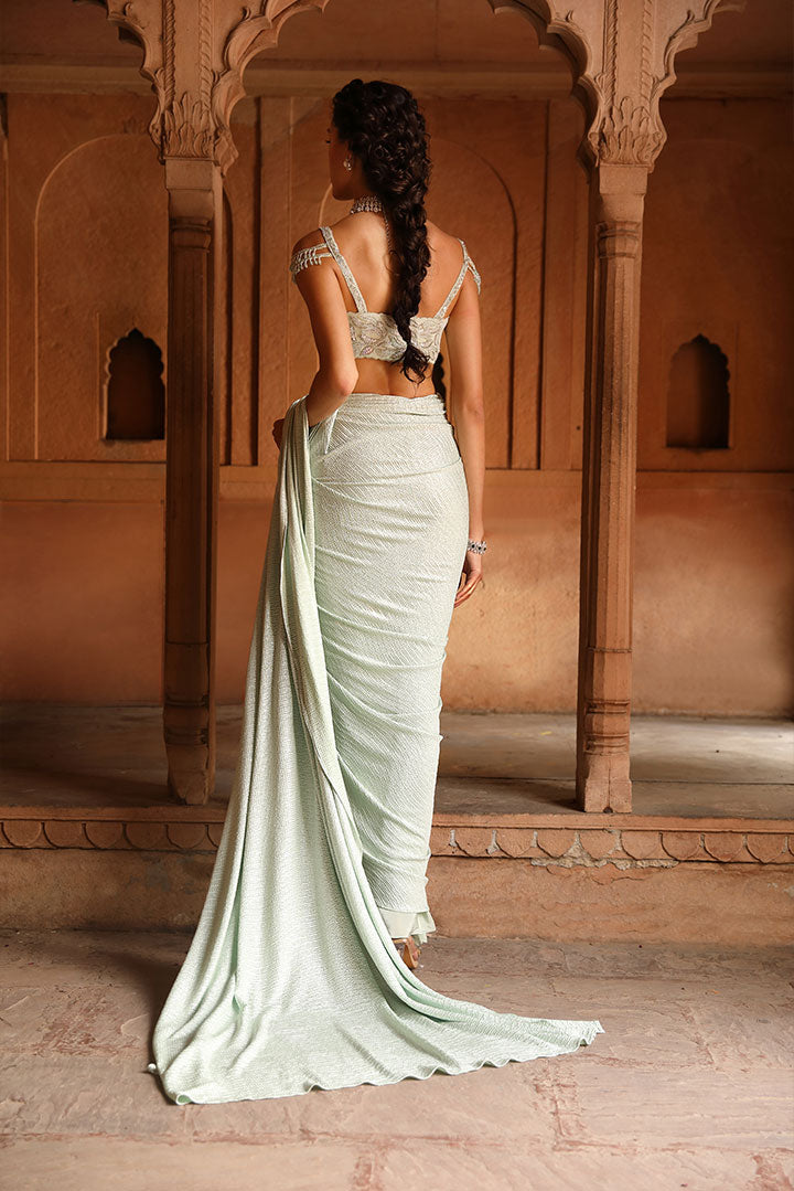 Sage Green Foiled Embroidered Pre draped Saree