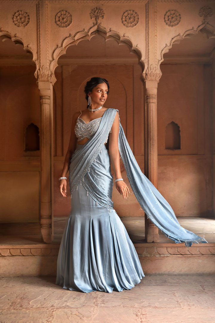 Elegant Sea Blue Embroidered Saree Gown