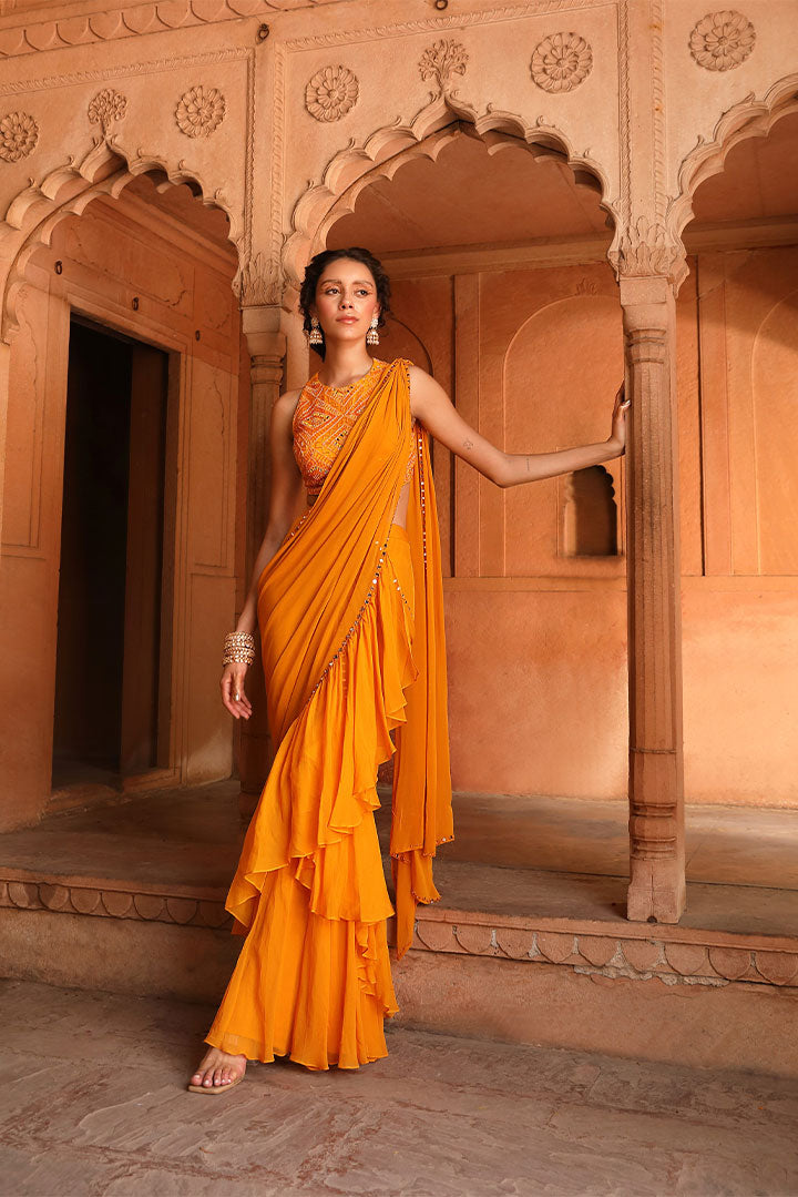 Tangerine Orange Embroidered Pre draped Saree