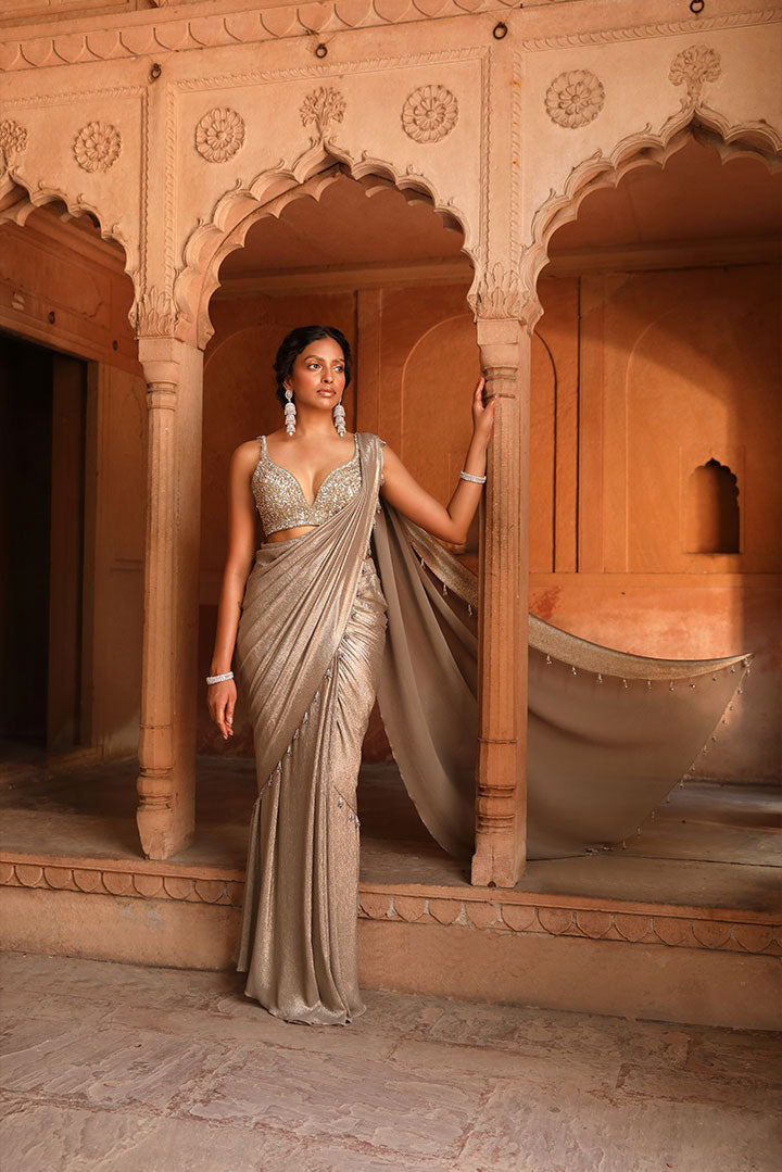 Metallic Bronze Embroiderd Pre Draped Saree