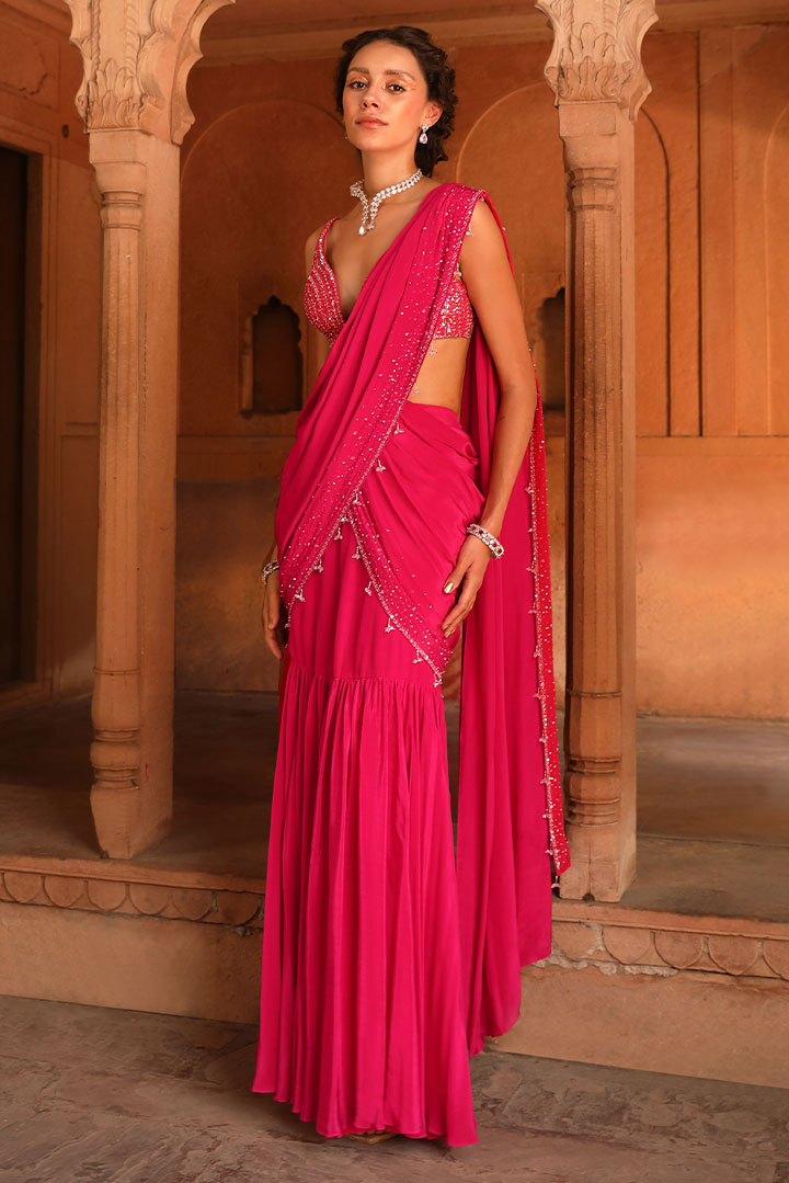 Contemporary Fuchsia Pink Pre Draped Saree