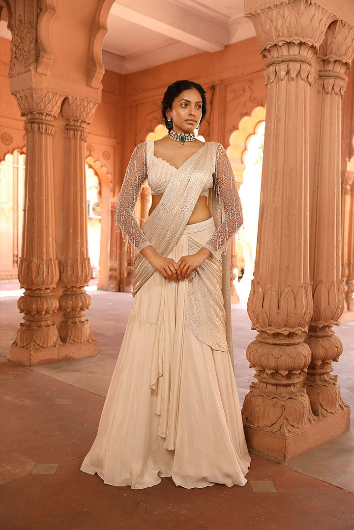 Elegant Ivory Gold Draped Saree Gown