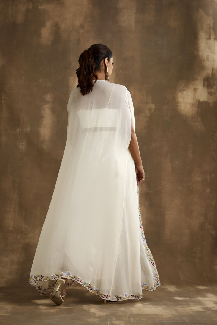 Ivory draped skirt with embroidered crop top & cape