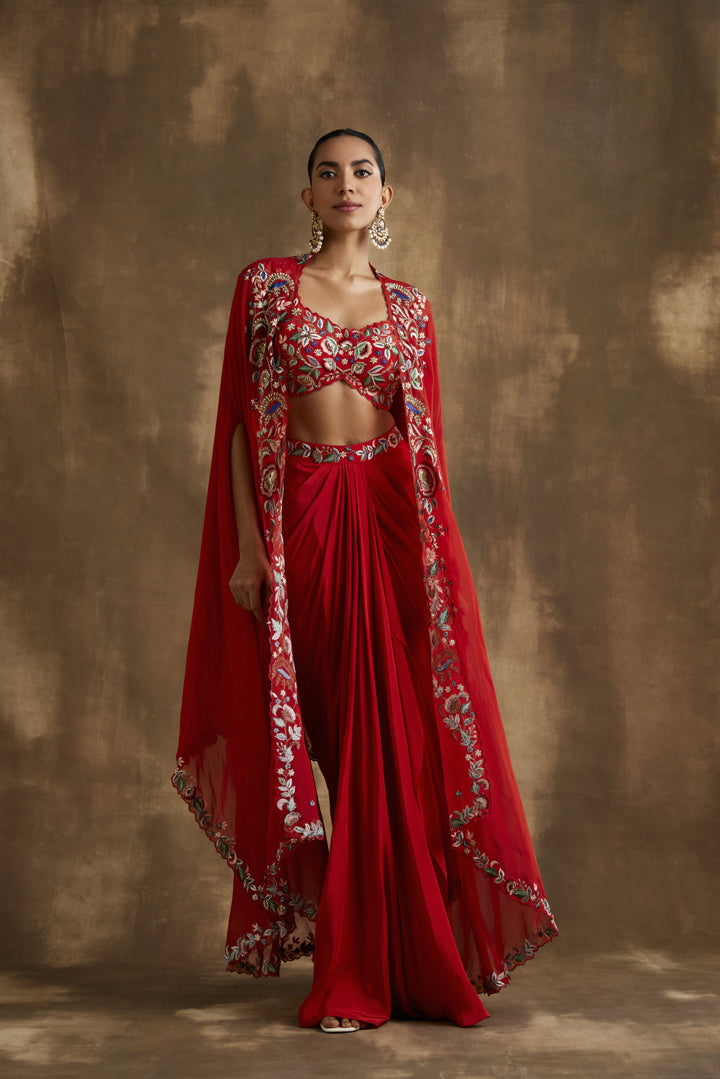 Rust Red draped skirt with embroidered crop top & cape