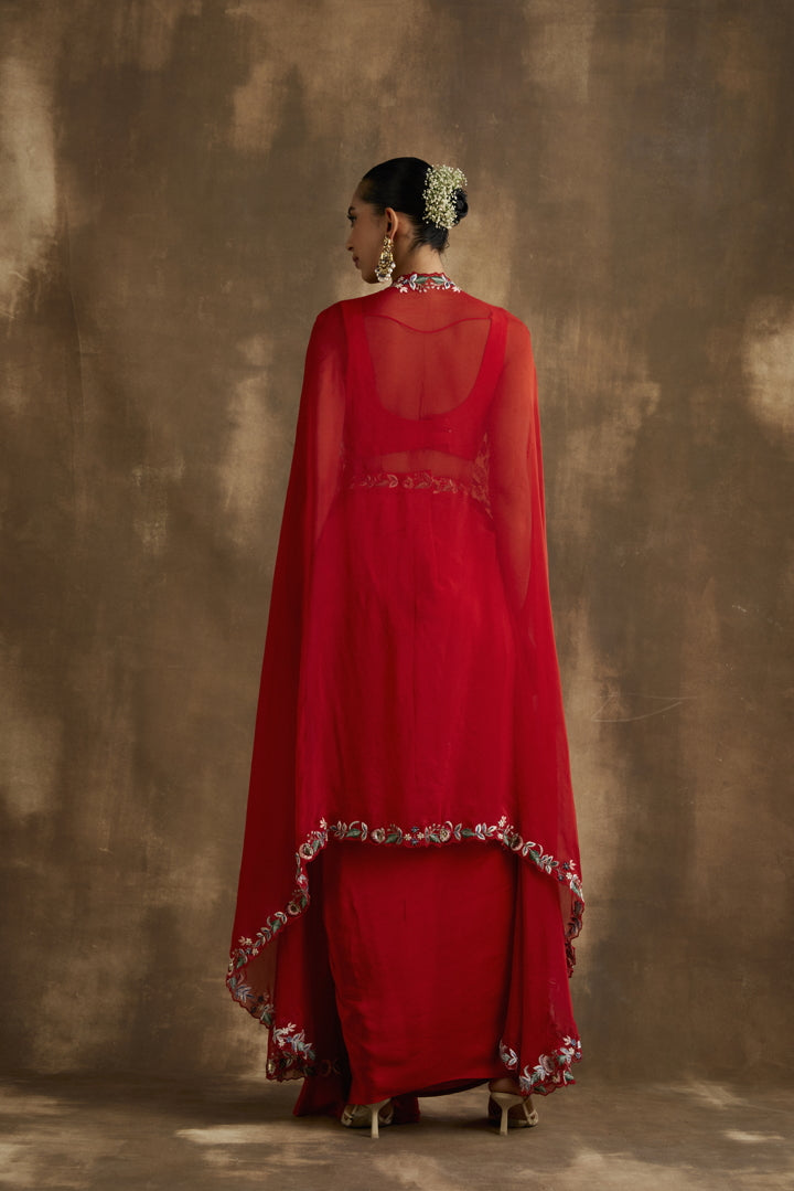 Rust Red draped skirt with embroidered crop top & cape