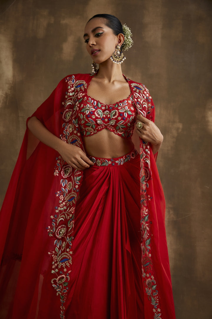 Rust Red draped skirt with embroidered crop top & cape