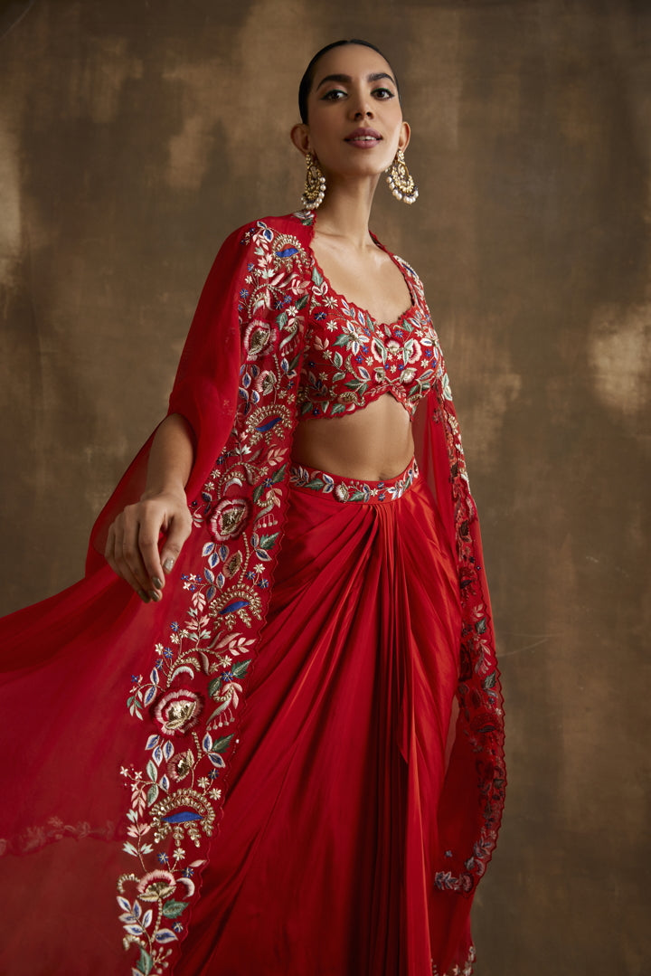 Rust Red draped skirt with embroidered crop top & cape