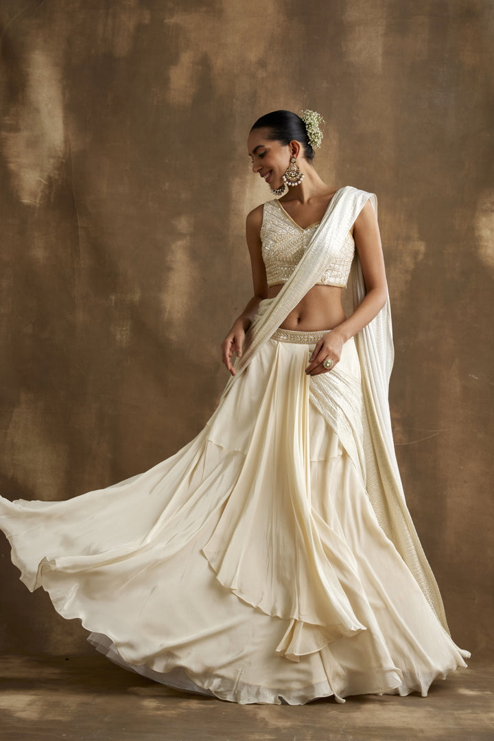 Ivory Gold embroidered draped lehenga set