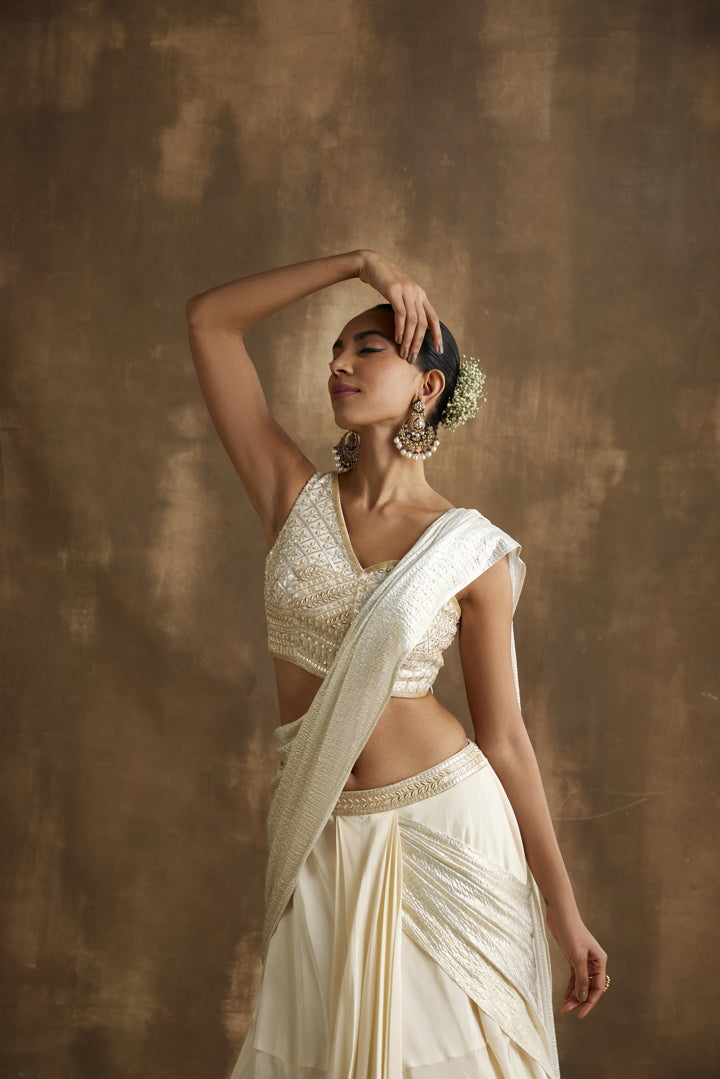 Ivory Gold embroidered draped lehenga set