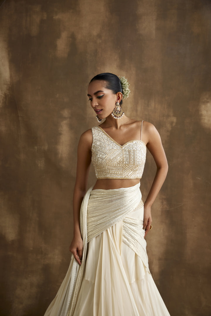Ivory Gold embroidered draped lehenga set