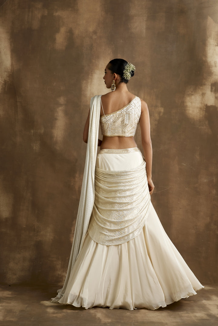 Ivory Gold embroidered draped lehenga set