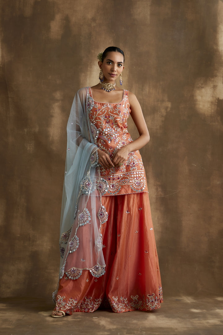 Tangerine Orange embroidered Sharara set