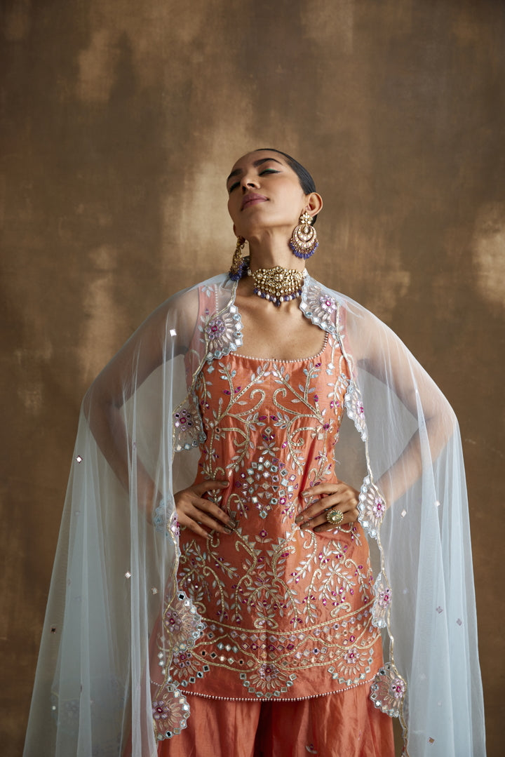 Tangerine Orange embroidered Sharara set