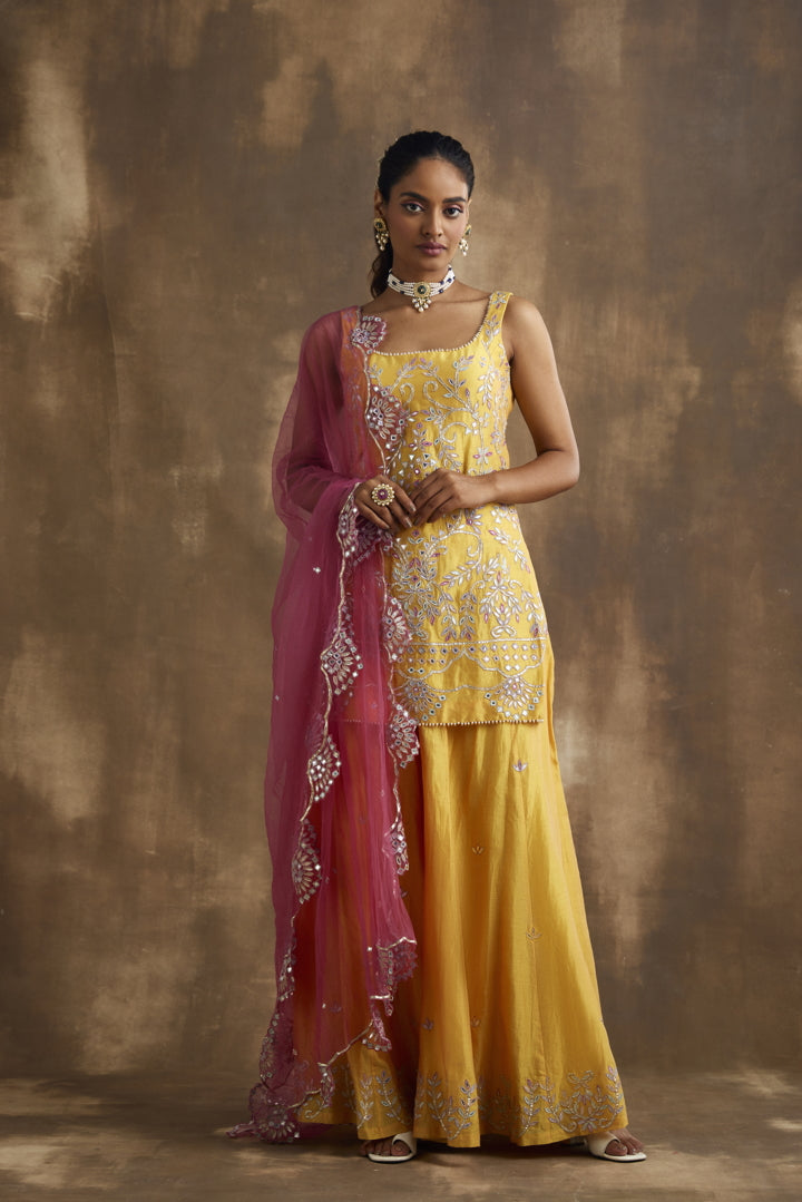 Mustard Yellow embroidered Sharara set