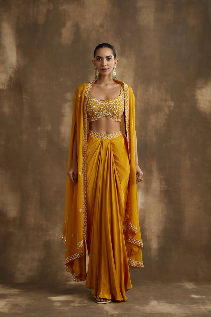 Mango Yellow Draped skirt cape set