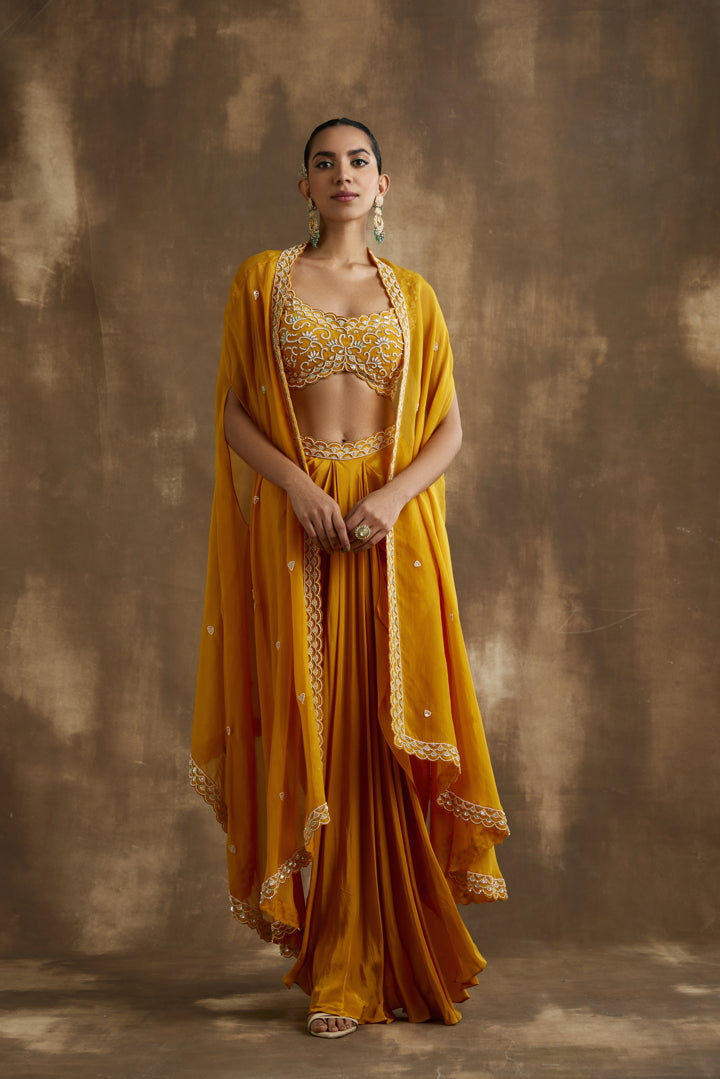 Mango Yellow Draped skirt cape set