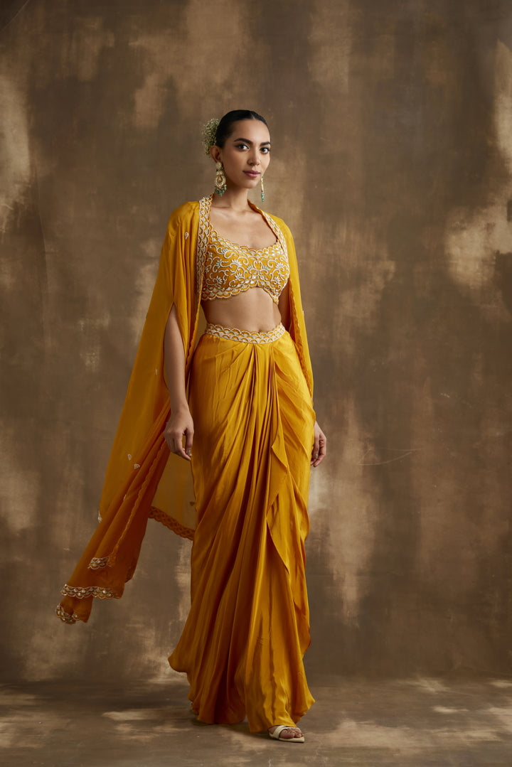 Mango Yellow Draped skirt cape set