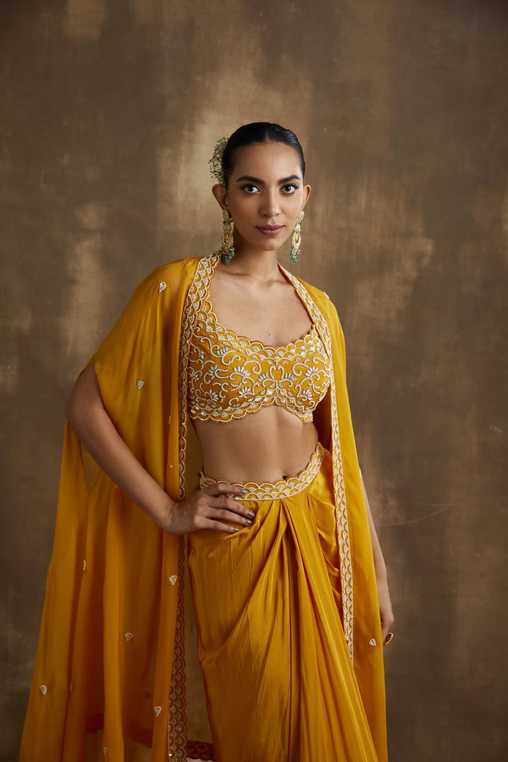 Mango Yellow Draped skirt cape set