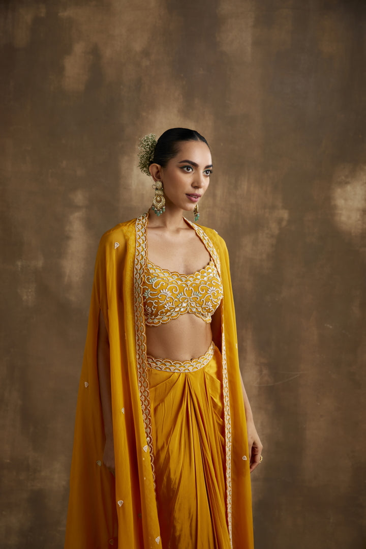 Mango Yellow Draped skirt cape set