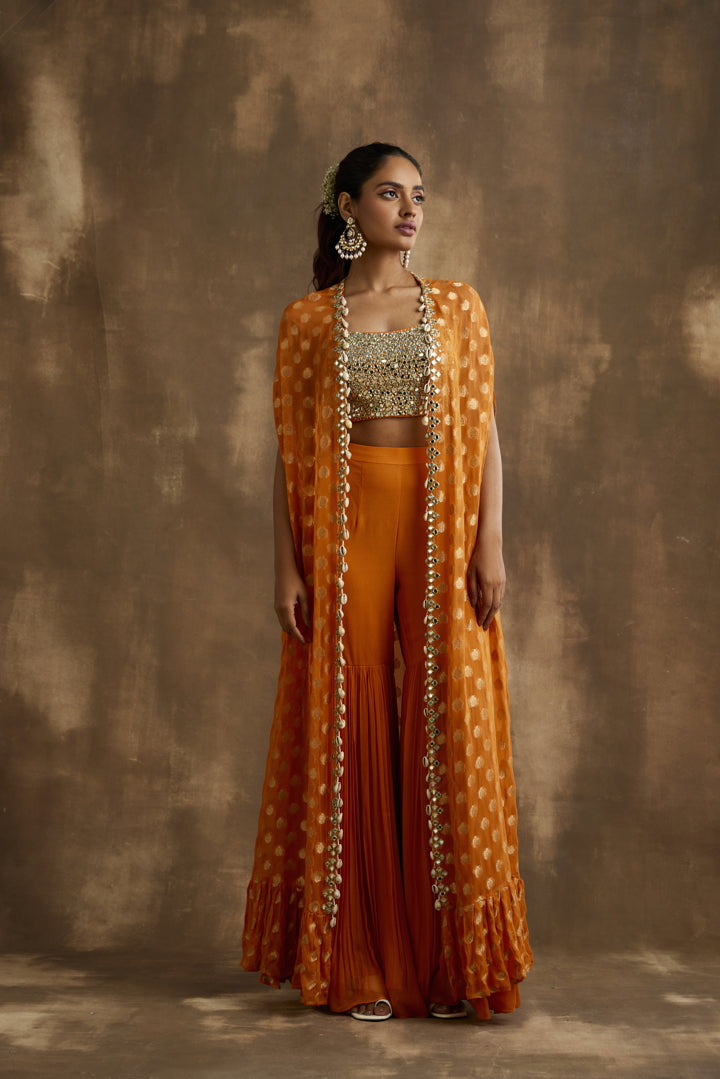 Turmeric Orange Embroidered Gharara Cape set