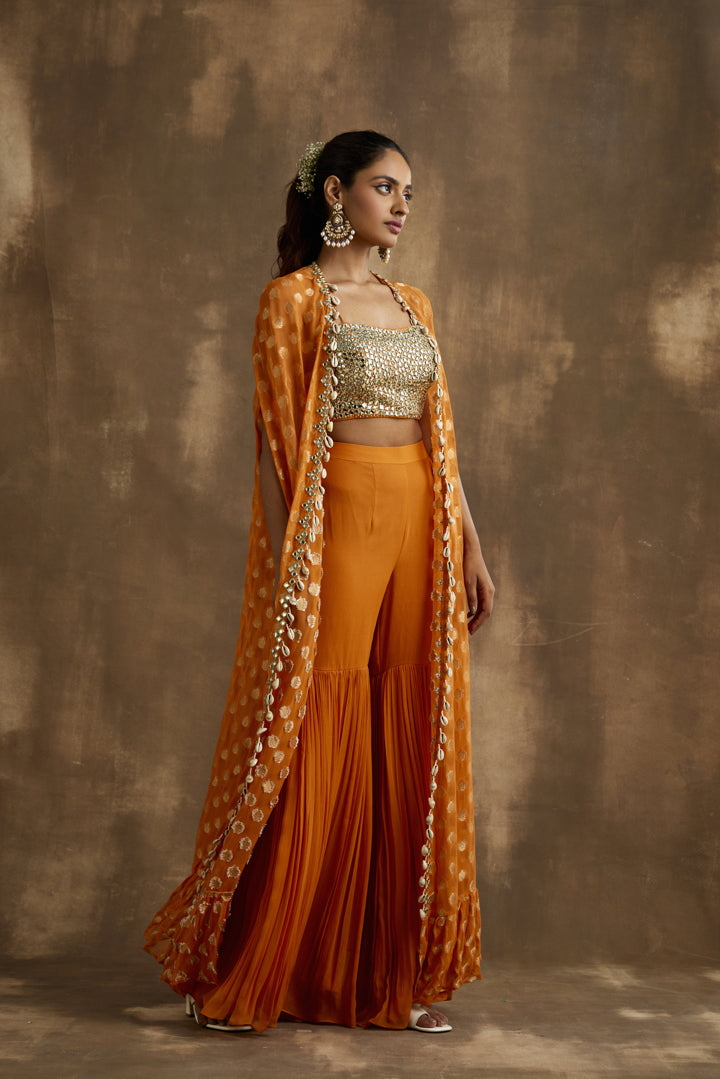 Turmeric Orange Embroidered Gharara Cape set