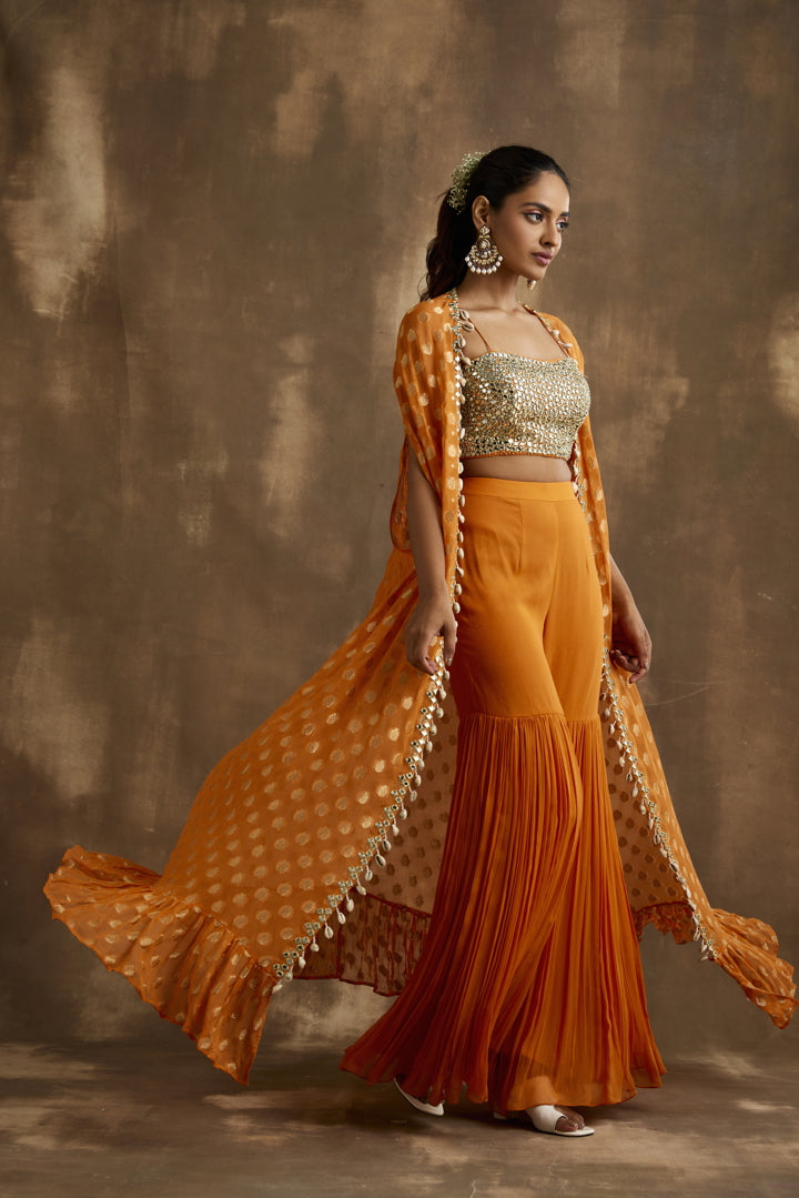Turmeric Orange Embroidered Gharara Cape set