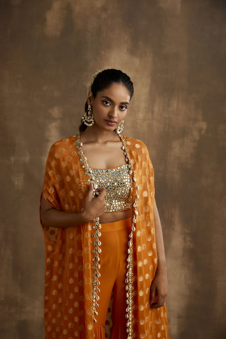 Turmeric Orange Embroidered Gharara Cape set