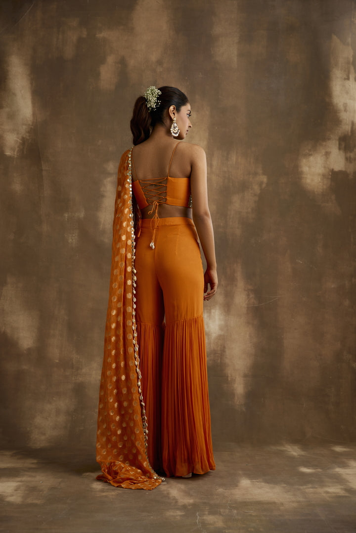 Turmeric Orange Embroidered Gharara Cape set