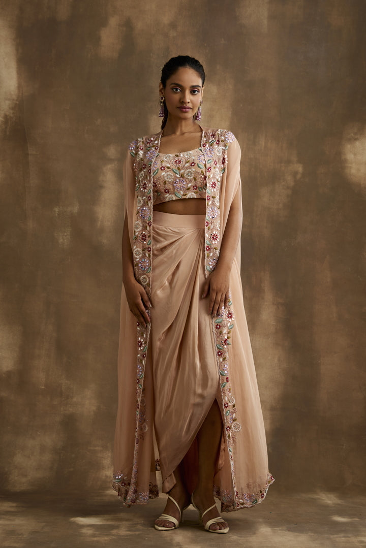Pale blush Draped skirt cape set