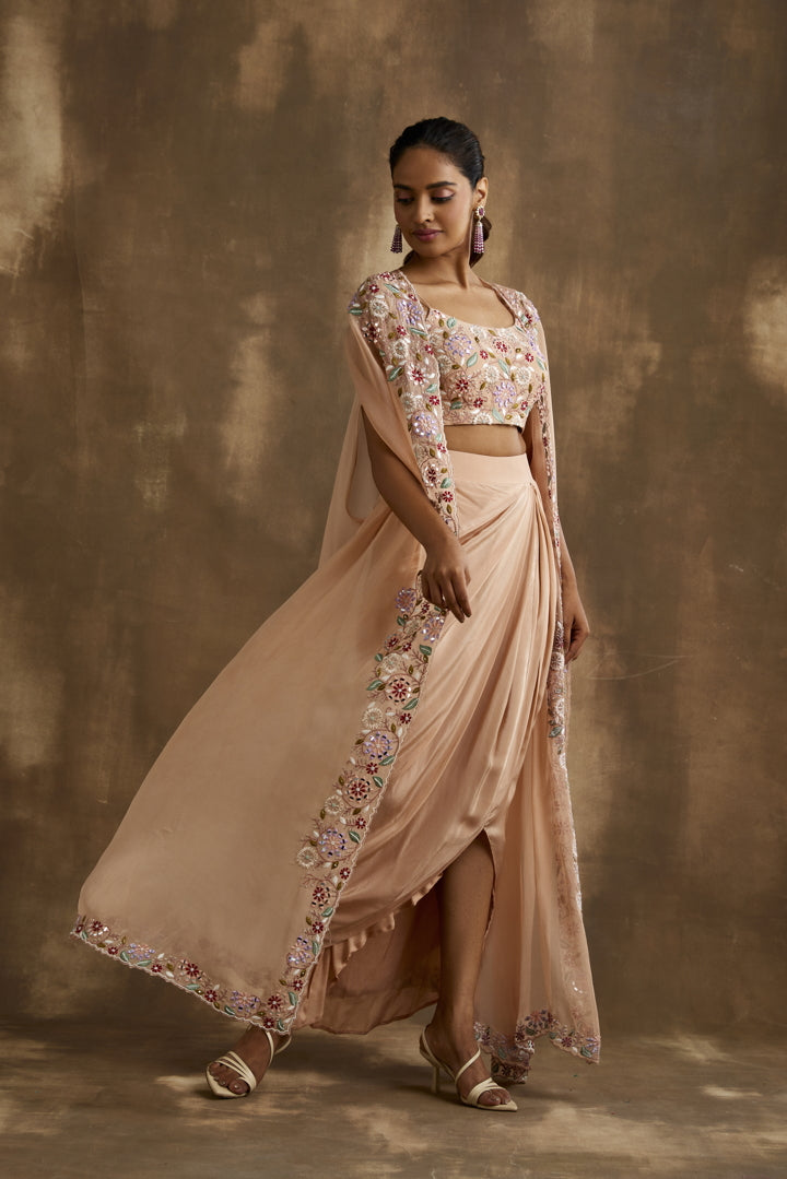 Pale blush Draped skirt cape set