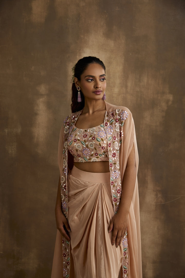 Pale blush Draped skirt cape set