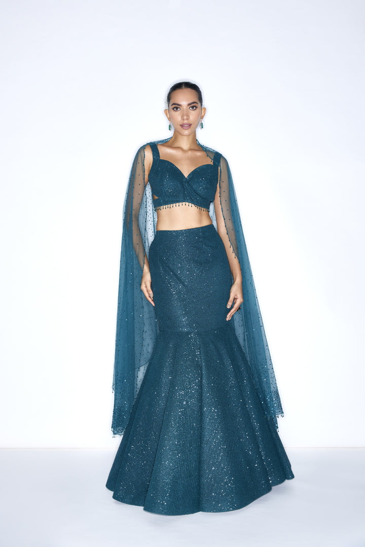 Deep Green Shimmer Fish cut lehenga set