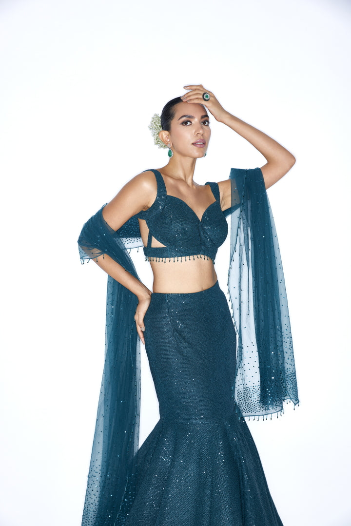 Deep Green Shimmer Fish cut lehenga set