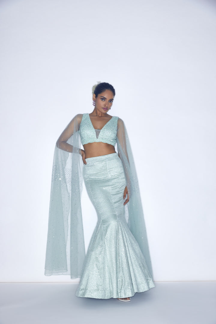white christmas dresses Mint Green Shimmer Fish cut lehenga set – shopniamh