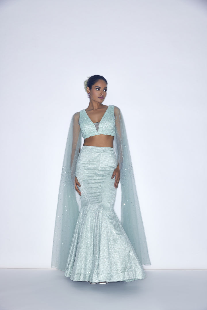 Mint Green Shimmer Fish cut lehenga set