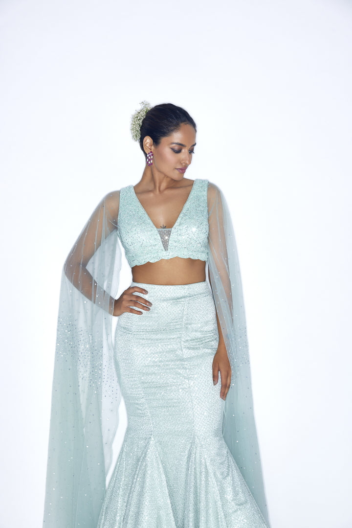 Mint Green Shimmer Fish cut lehenga set