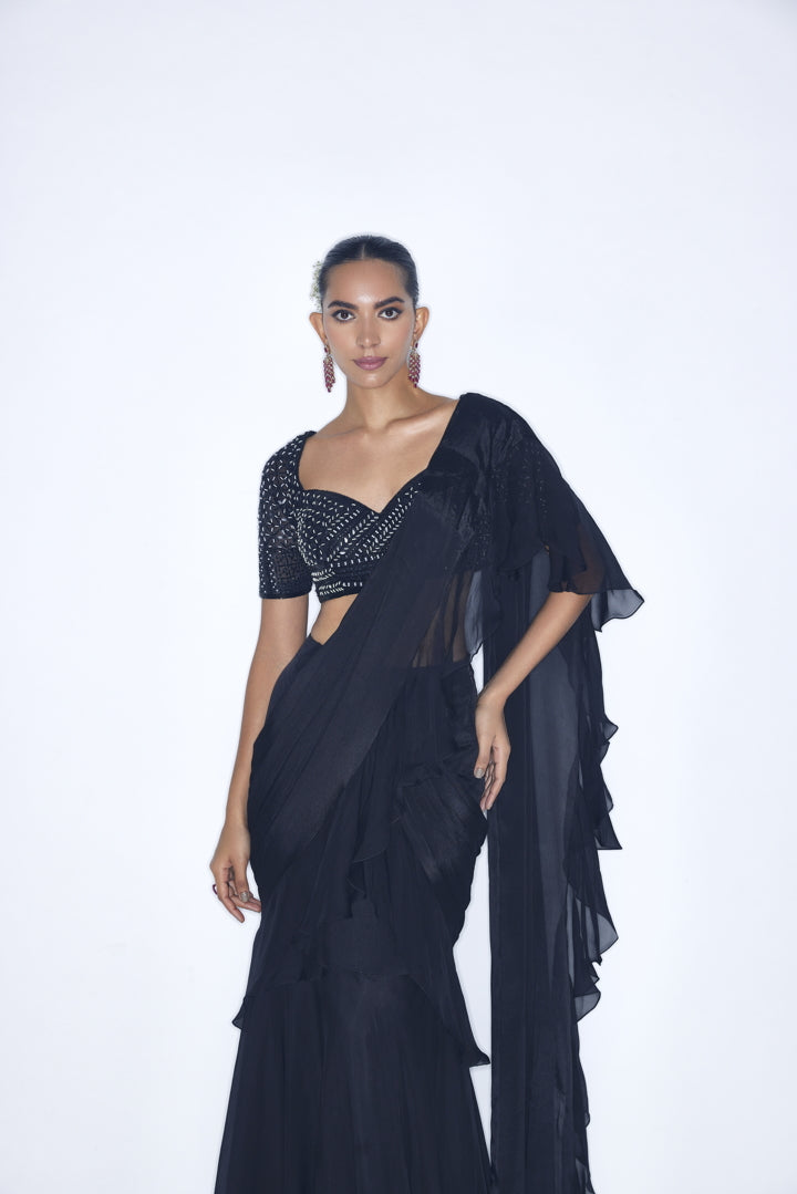Black pre-draped Ruffled saree set