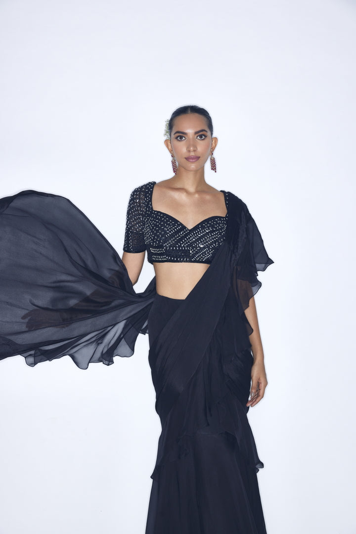 Black pre-draped Ruffled saree set