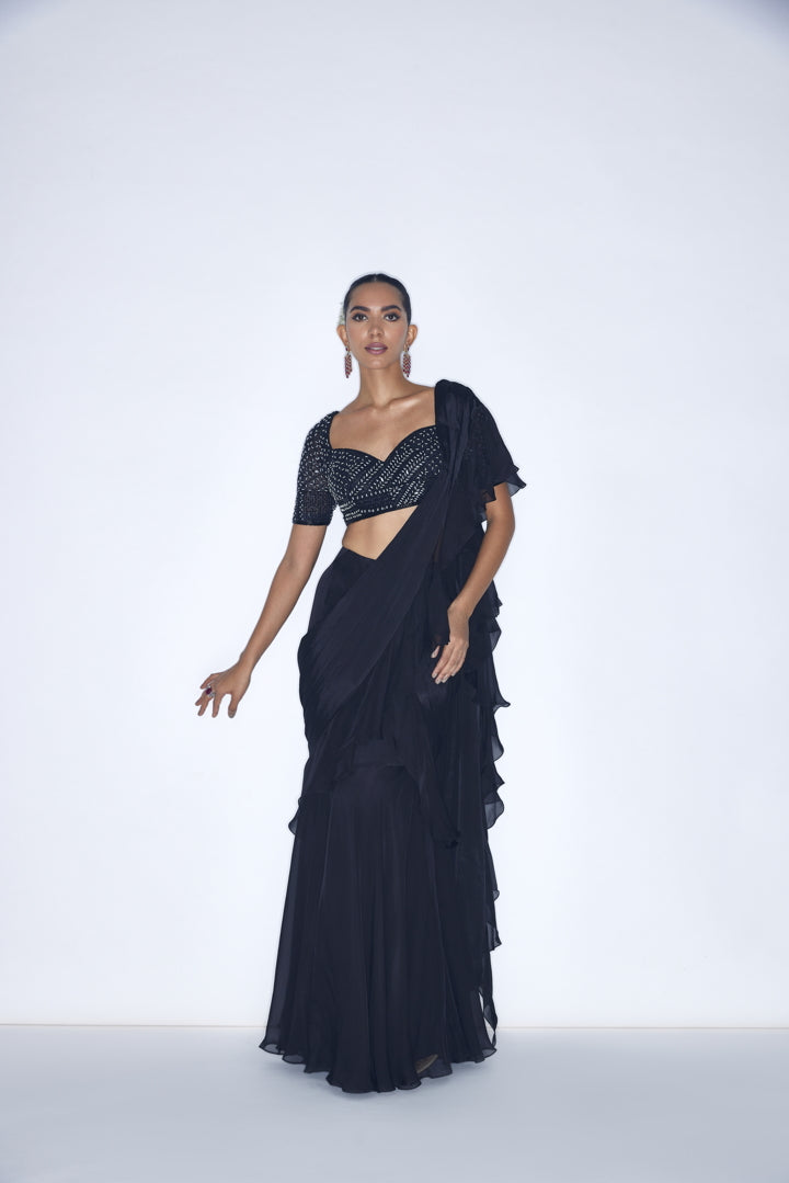 Black pre-draped Ruffled saree set