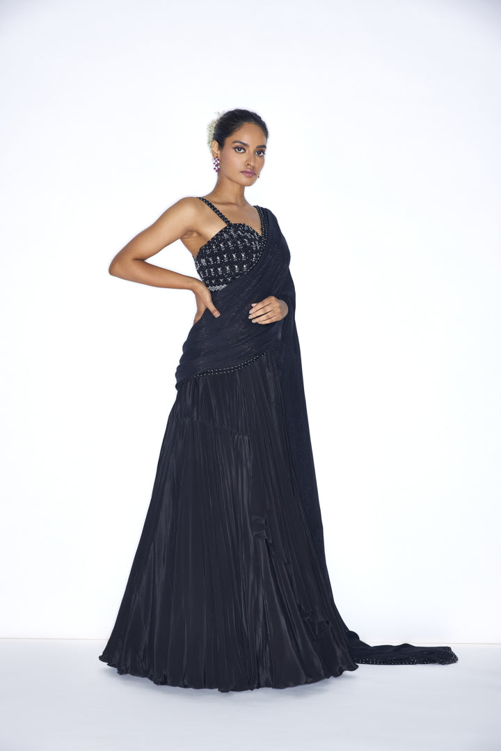 Black pre-draped Ruffled saree set